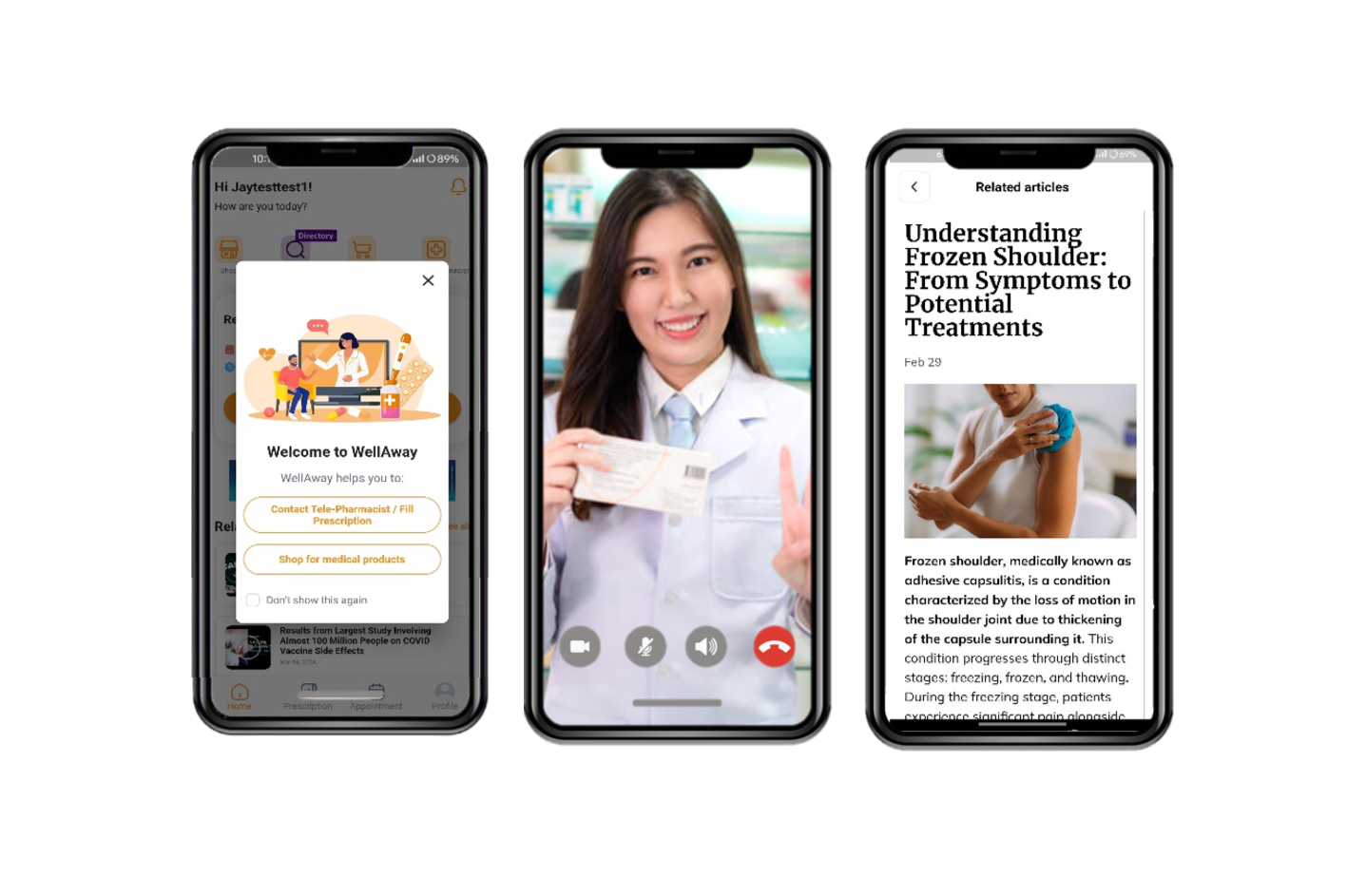 WellAway patient app — welcome, tele-pharmacist video call and related articles